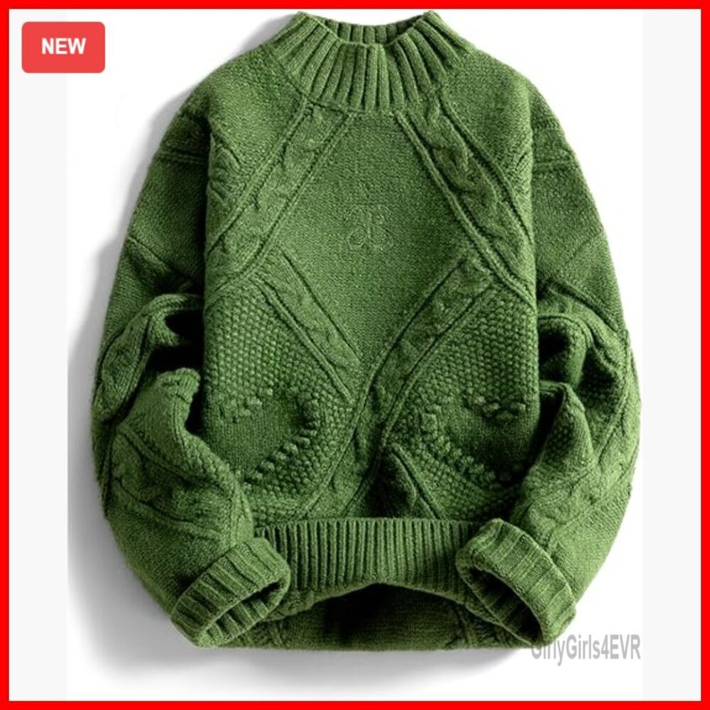 Oversized Cable Knit Chunky Sweater Mock Neck Pullover Long Sleeve